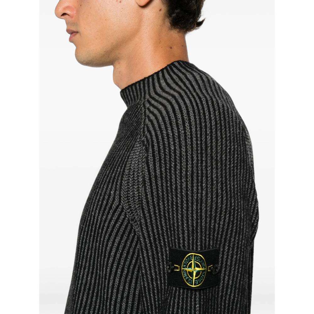 STONE ISLAND Black Wool Crewneck Knit Sweater