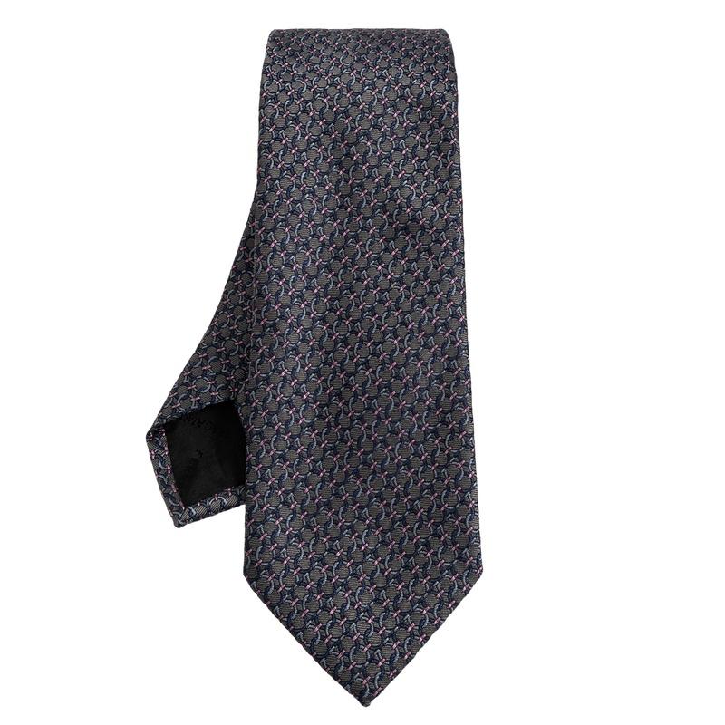 Ferragamo Gancini Print Silk Tie Navy Mens Accessory