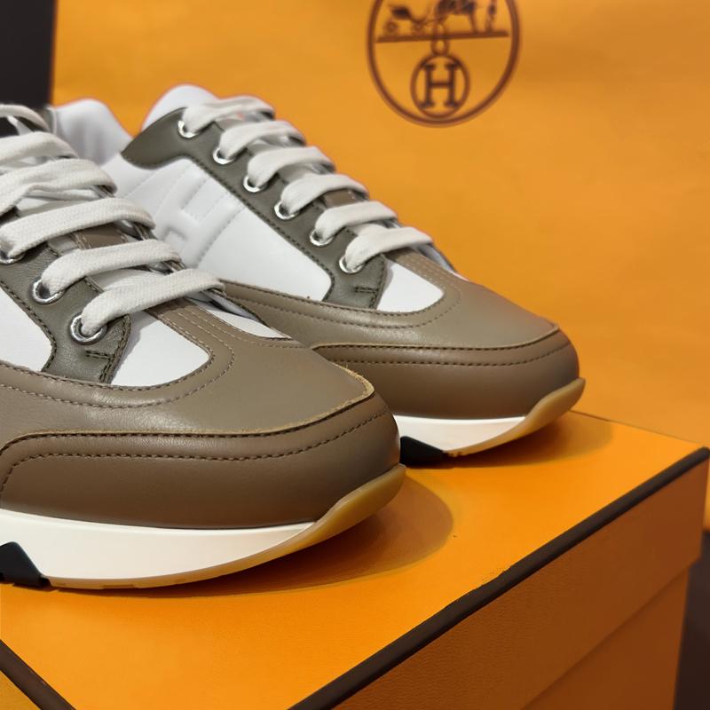 HERMES Men’s Calfskin Trail Sneakers White Brown Low-Top