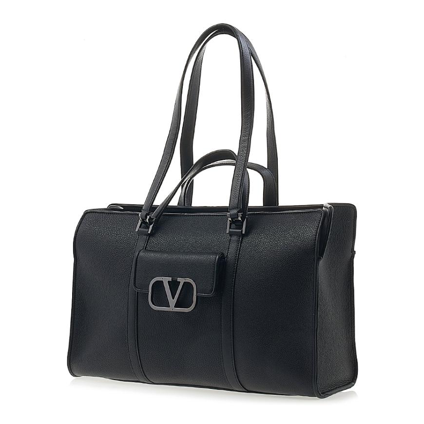 VALENTINO Garavani Signature V Logo Tote Bag Black Leather