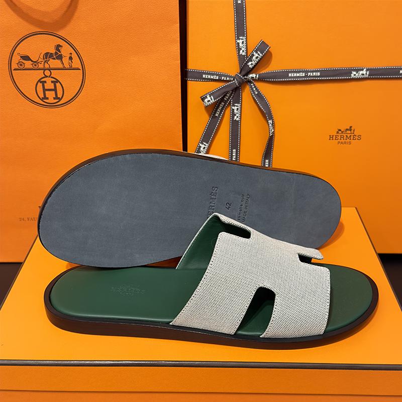HERMES Izmir Calfskin Fabric Two-Tone Green Sandals for Men