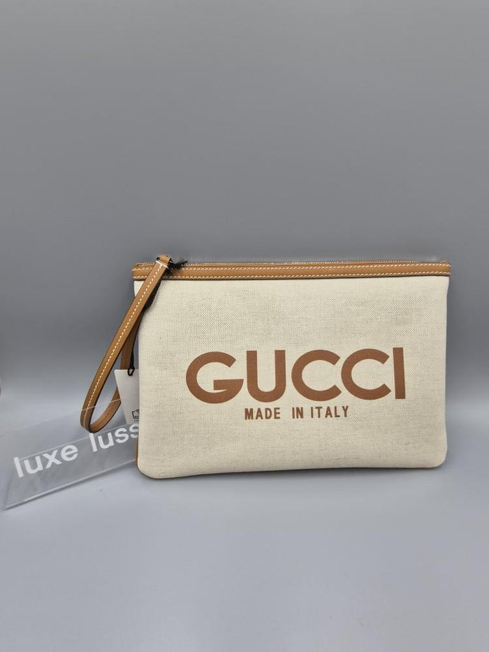 GUCCI Beige Cotton Linen Canvas Clutch Bag 777165