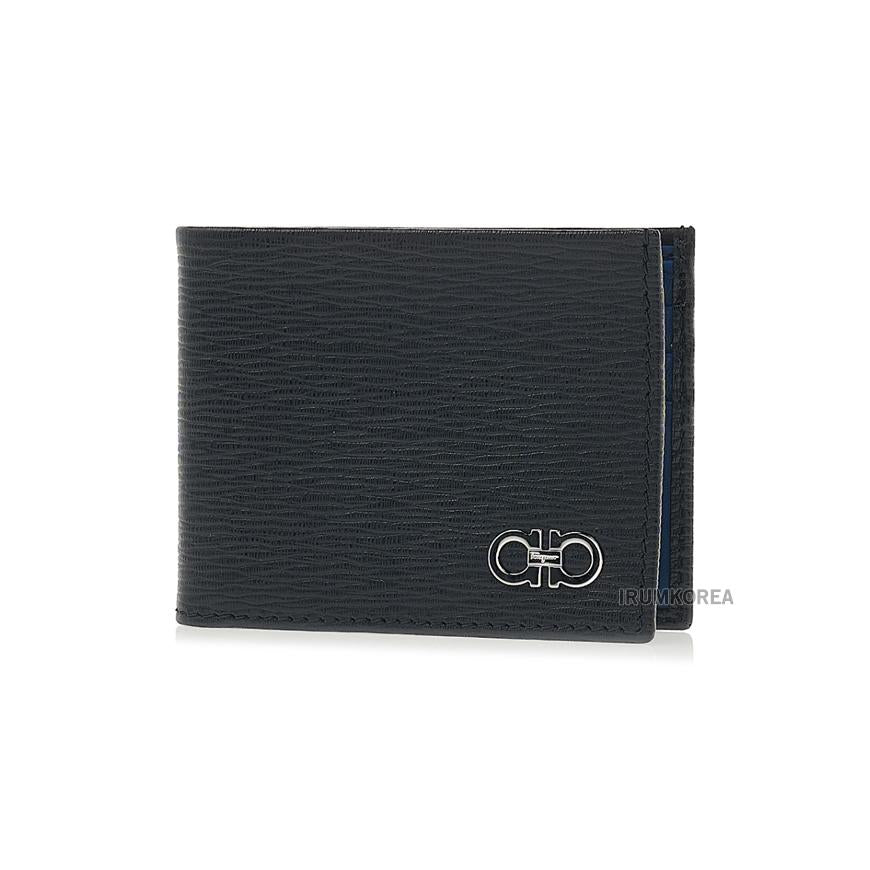 Ferragamo Gancini Bifold Wallet Black Blue Leather Men’s