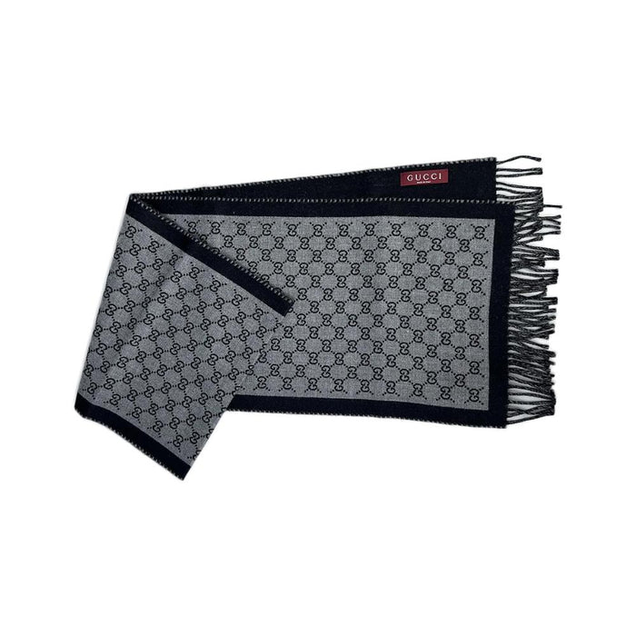 GUCCI GG Wool Jacquard Fringe Scarf Black Gray