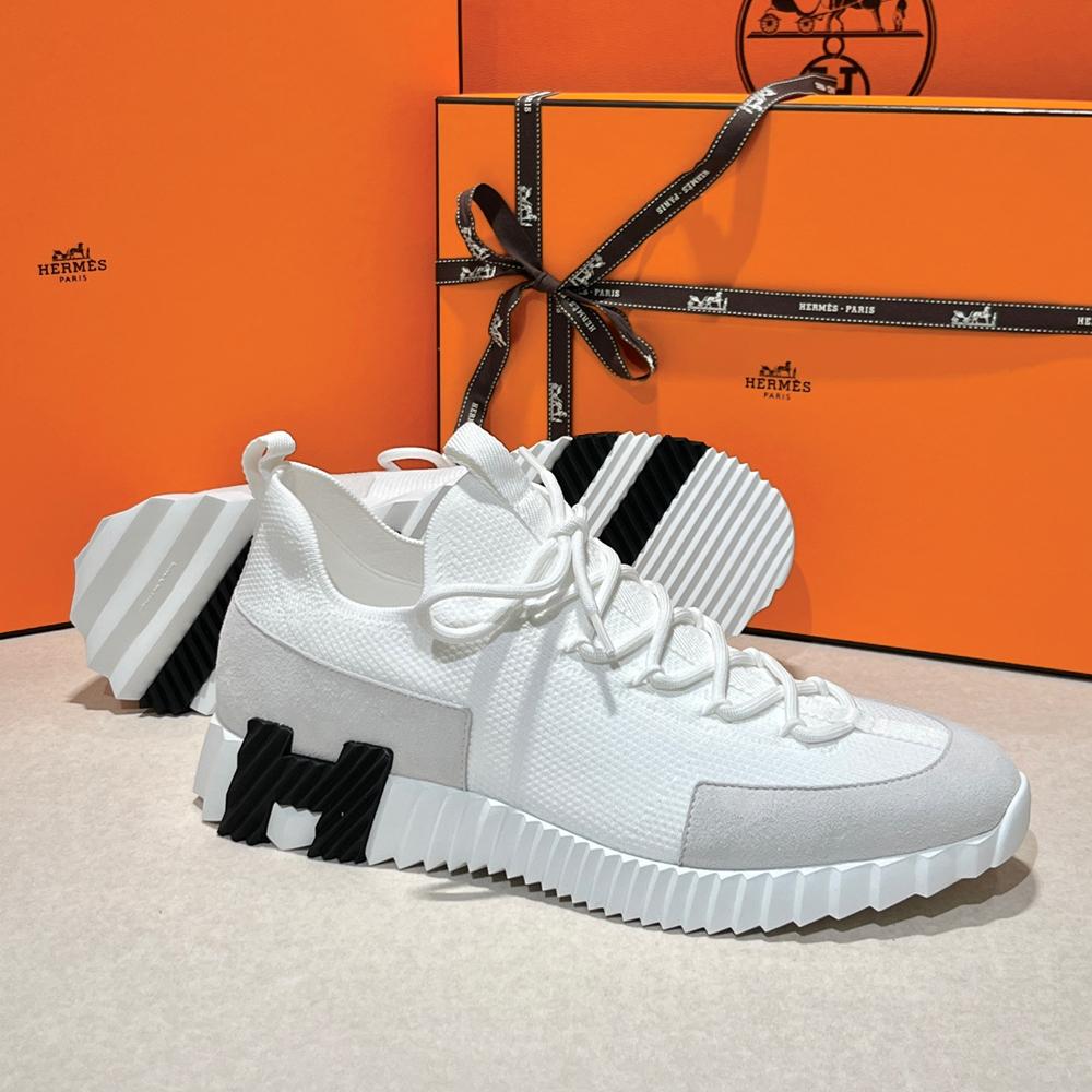 HERMES Men’s Lift Slip-On Sneakers Knit Calfskin White H Black