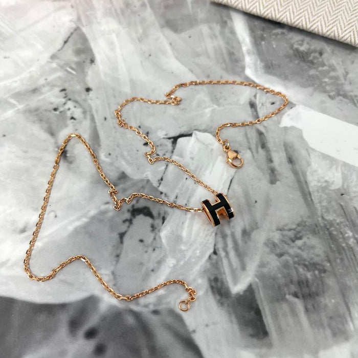 HERMES Mini Pop H Pendant Necklace Black Rose Gold