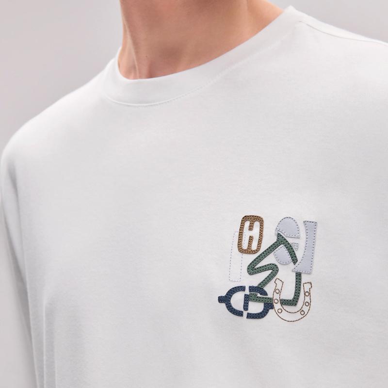 HERMES Men H Puzzle Lambskin Detail Cotton Crewneck T-Shirt White
