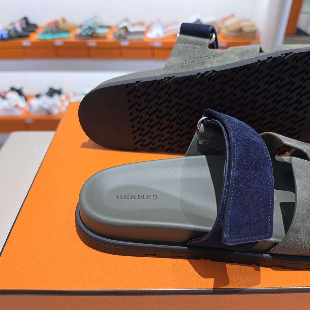 HERMES Men’s Cipre Suede Sandals Khaki Navy