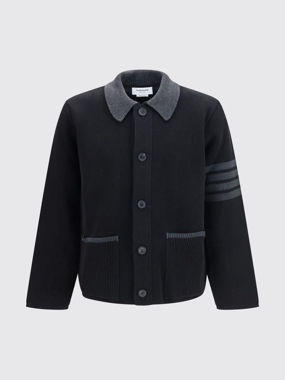 THOM BROWNE Navy Wool V-Neck Button Cardigan for Men