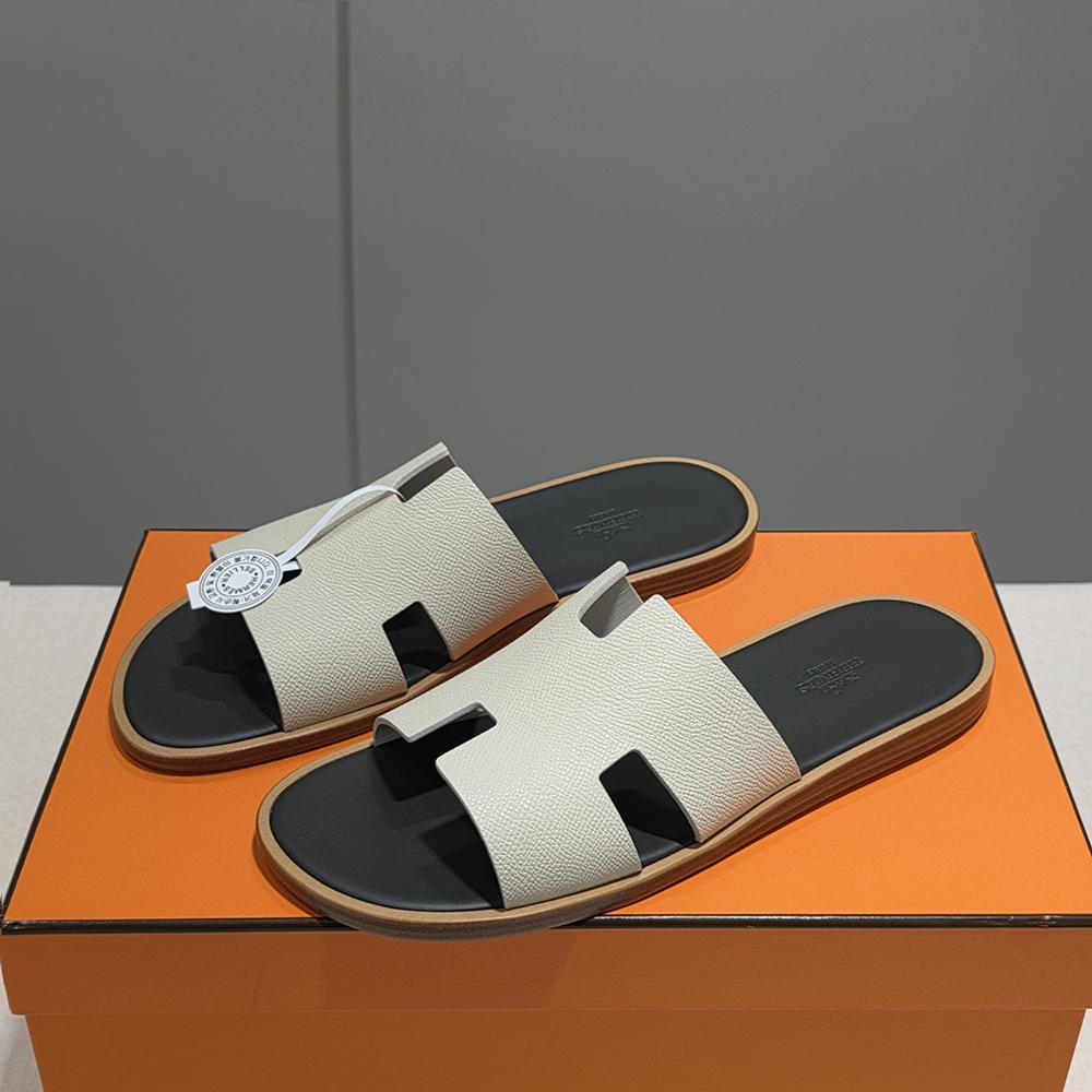 HERMES Izmir Two-Tone Ivory Deep Brown Calfskin Epsom Leather Slippers