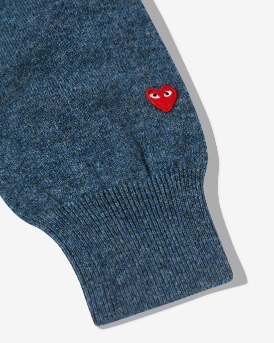 Comme des Garcons Small Heart Patch Wool V-Neck Sweater Navy