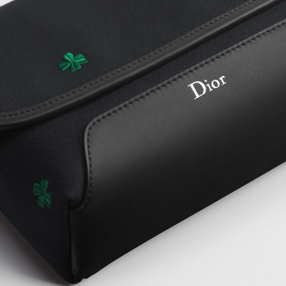 DIOR Black Canvas Clover Embroidered Zipped Strap Mini Card Holder
