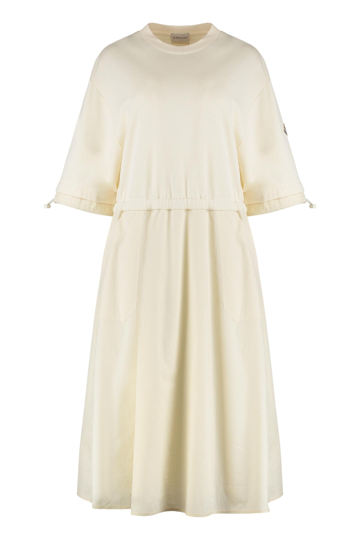 Moncler Short Sleeve Midi Dress Ivory Cotton Blend