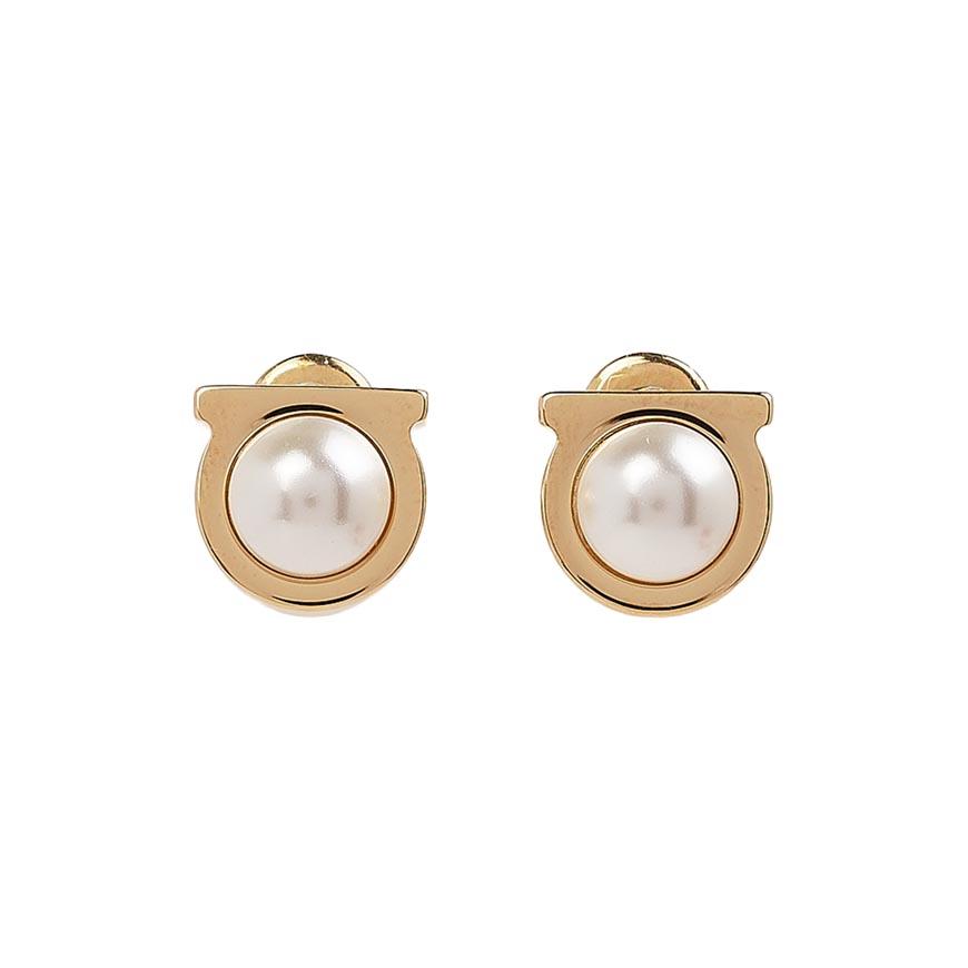 Ferragamo Gancini Pearl Earrings Cream Gold-Tone Women’s