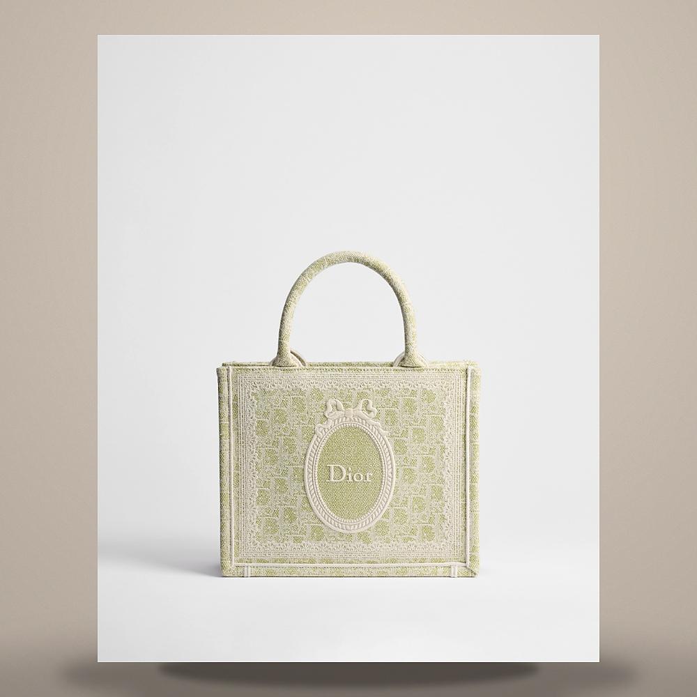 DIOR Book Tote Small Green Oblique Washed Embroidered Ecru Medallion Tote