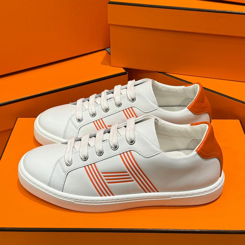 HERMES White Orange Calfskin Avantage Low Top Sneakers