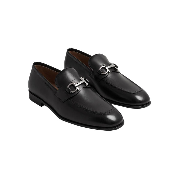 Ferragamo Black Leather Double Gancini Loafers Silver-Tone Hardware 0762636
