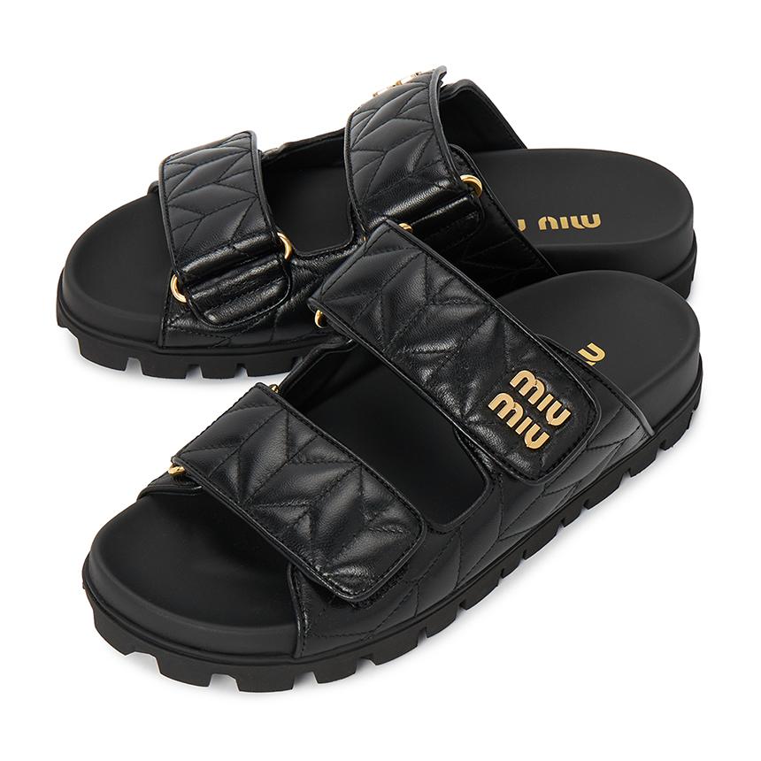 Miu Miu Matelassé Leather Slide Sandals Black Women’s Slippers