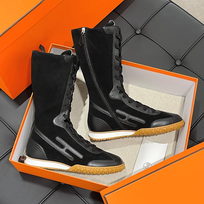 HERMES Black Suede Calfskin Lace-Up High-Top Sneakers