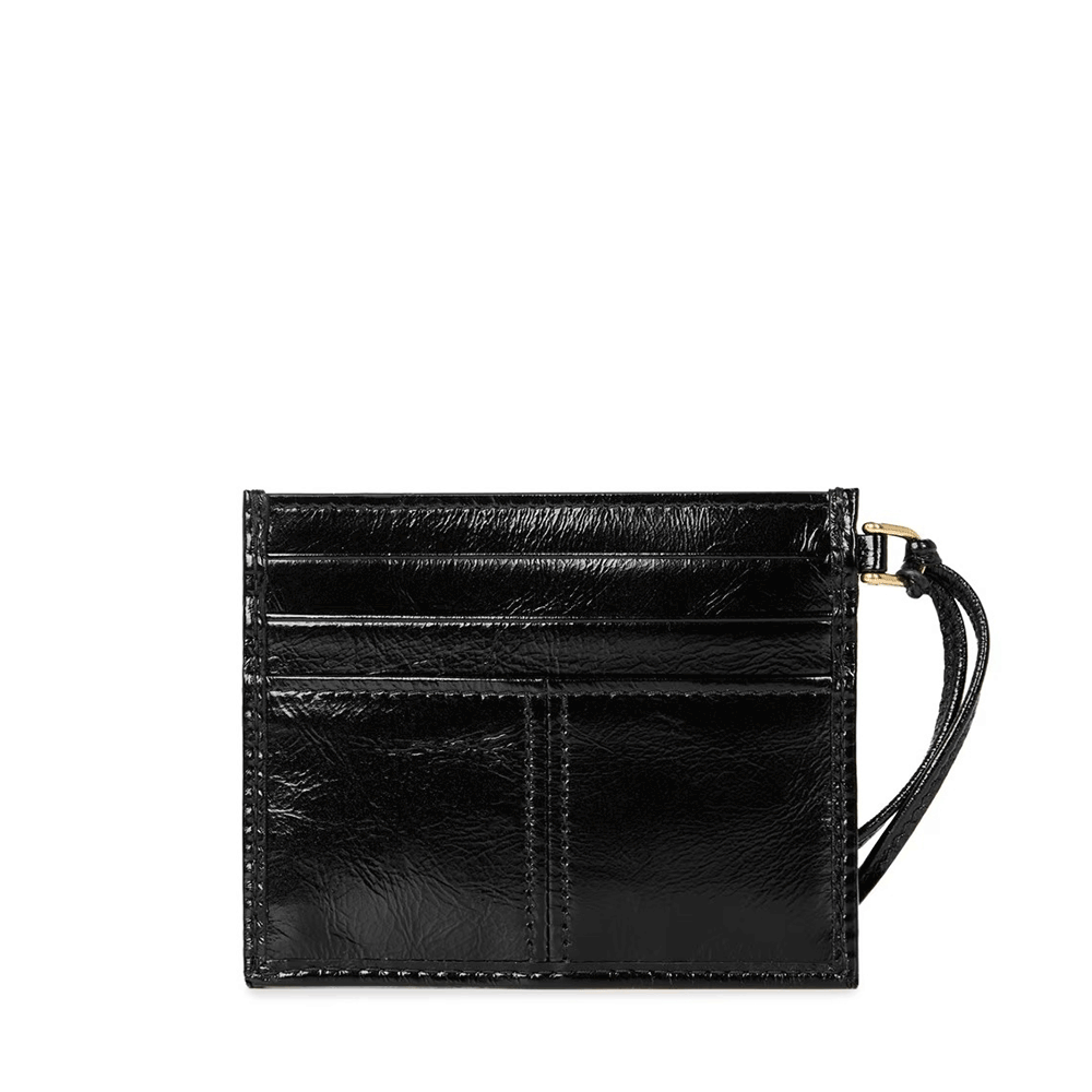 PRADA Black Saffiano Leather Card Holder with Gold-Tone Triangle Logo