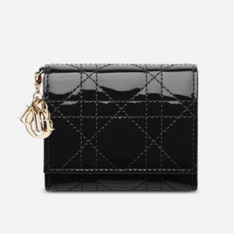 DIOR Lady Dior Lotus Card Holder Wallet Black Leather