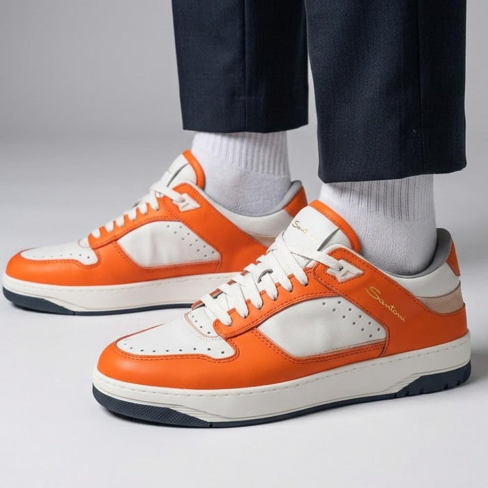 SANTONI Orange White Leather Panel Low Top Sneakers for Men MBSA21865