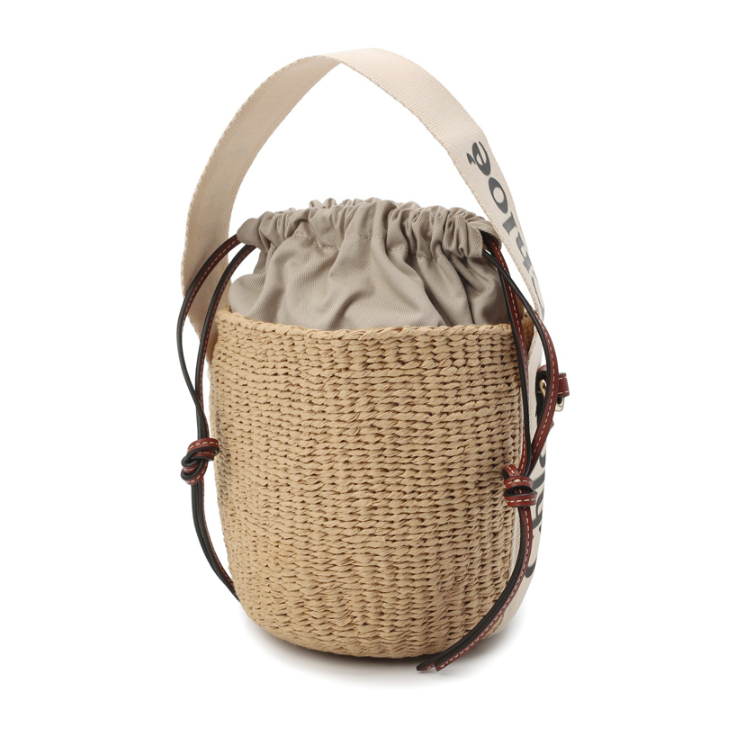 Chloe Woody Small Basket Bucket Bag Ivory Straw Leather Shoulder Bag