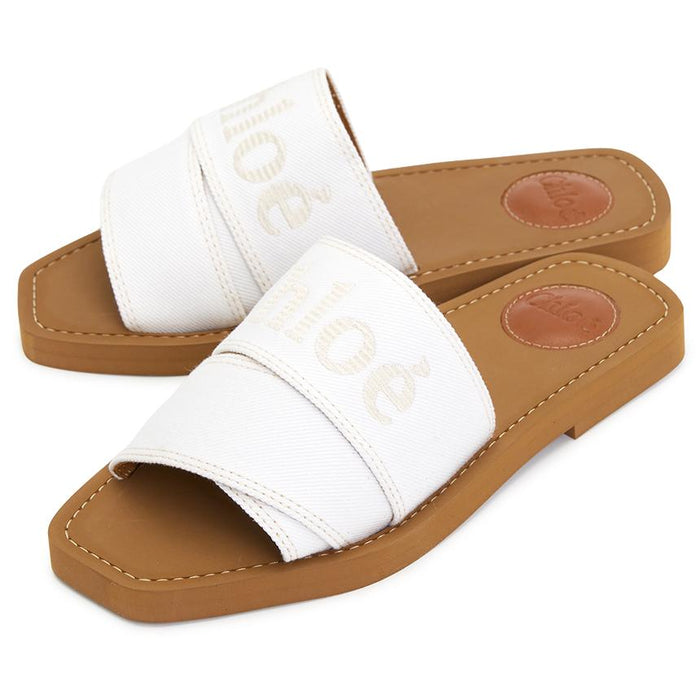 Chloe Woody Womens Mule Slide Sandals Ivory Canvas
