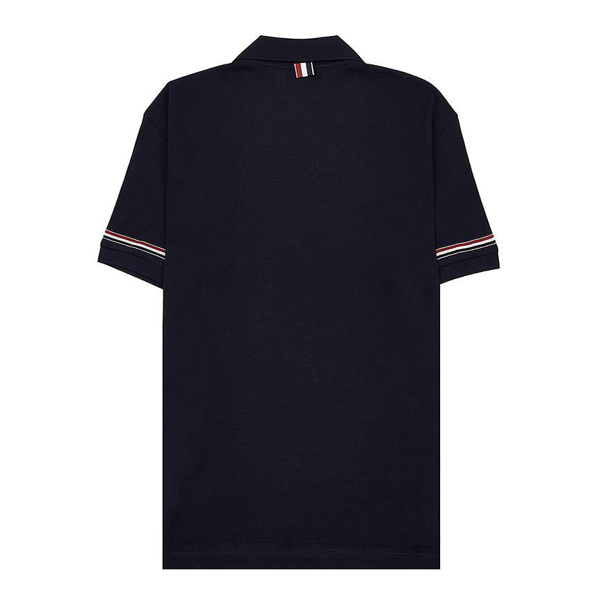 THOM BROWNE Lightweight Short Sleeve Polo T-Shirt Navy Cotton