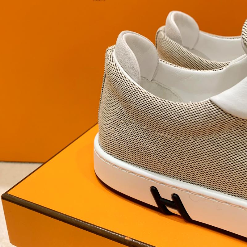 HERMES Brown Canvas Goatskin H Logo Kid Low Top Sneakers