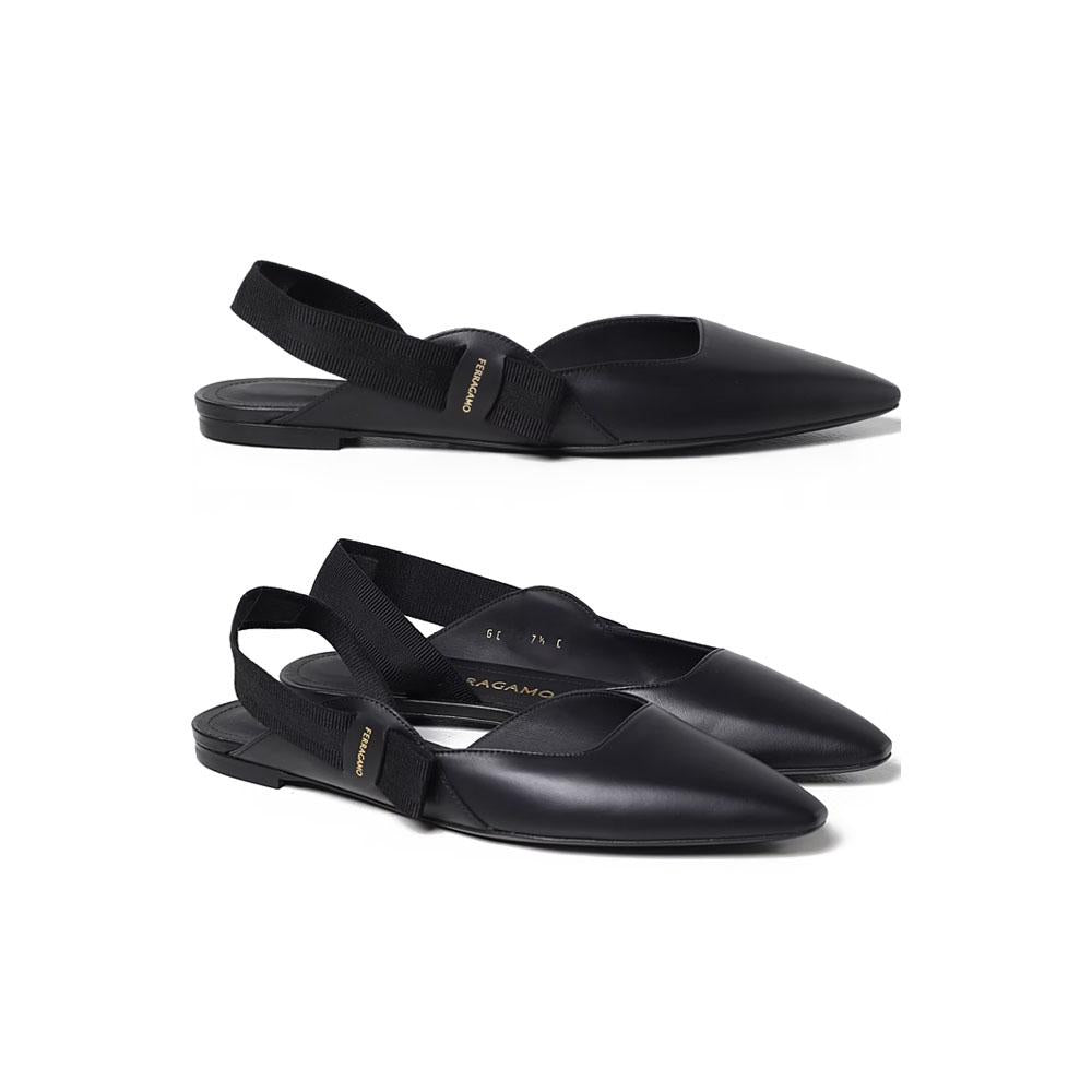 Ferragamo VANIA Bow Slingback Flat Shoes Black 0763420
