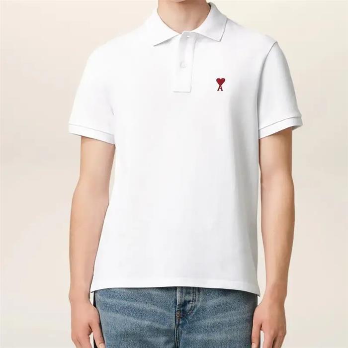 AMI Chain Stitch Heart Logo Organic Cotton Loopback Short Sleeve Polo