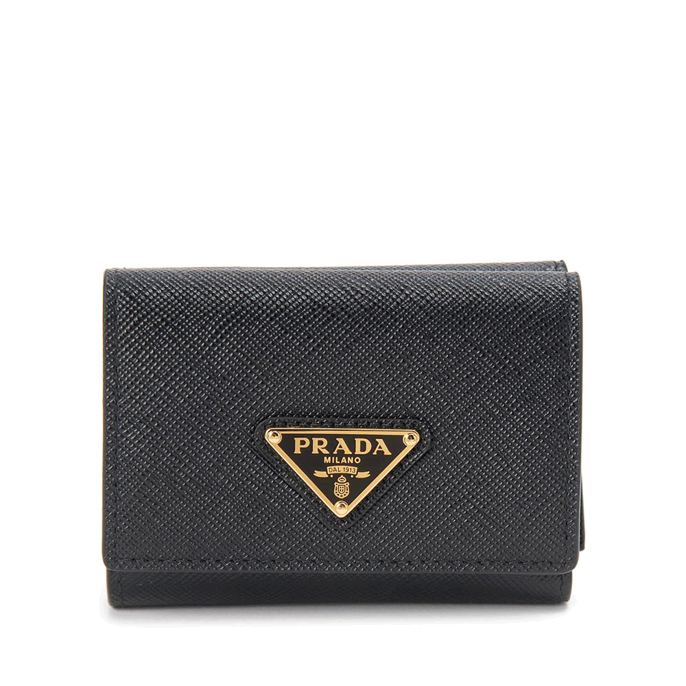 PRADA Black Saffiano Leather Triangular Logo Gold-Tone Women’s Wallet 1MH042 QHH