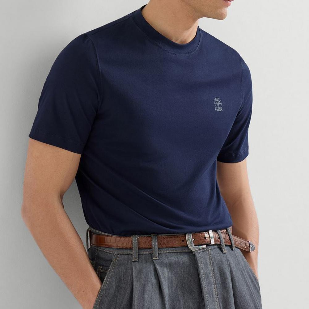 Brunello Cucinelli Logo Cotton Jersey Crewneck T-Shirt Navy Black