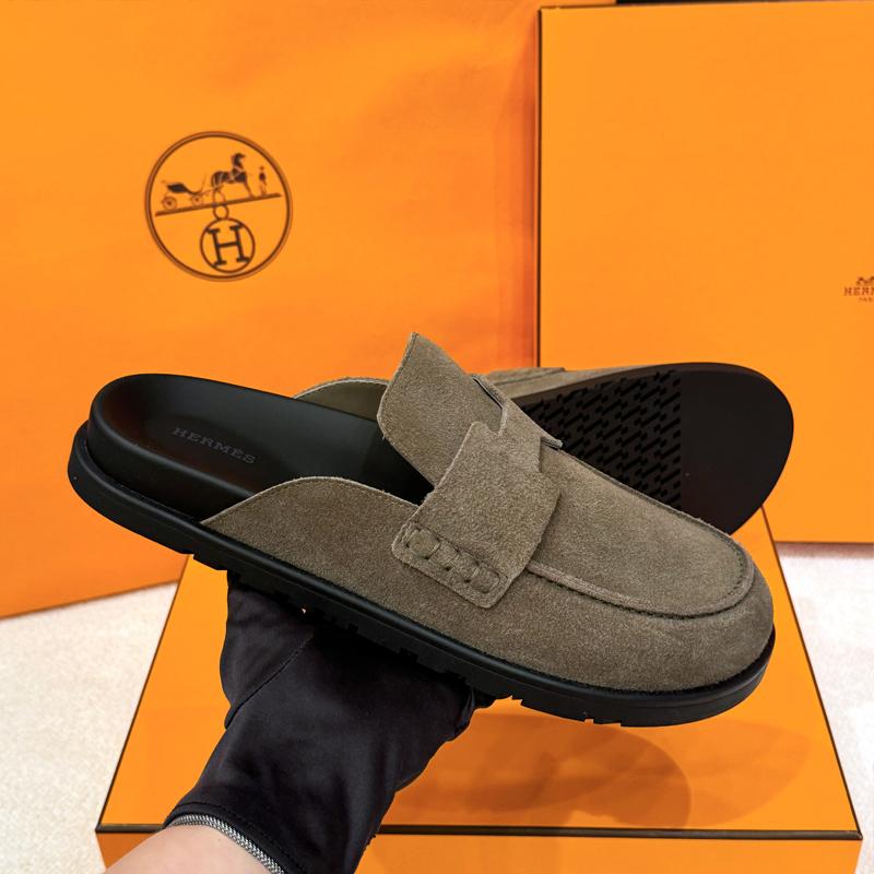 HERMES Etoupe Suede Calfskin Go Mule Sandals for Men