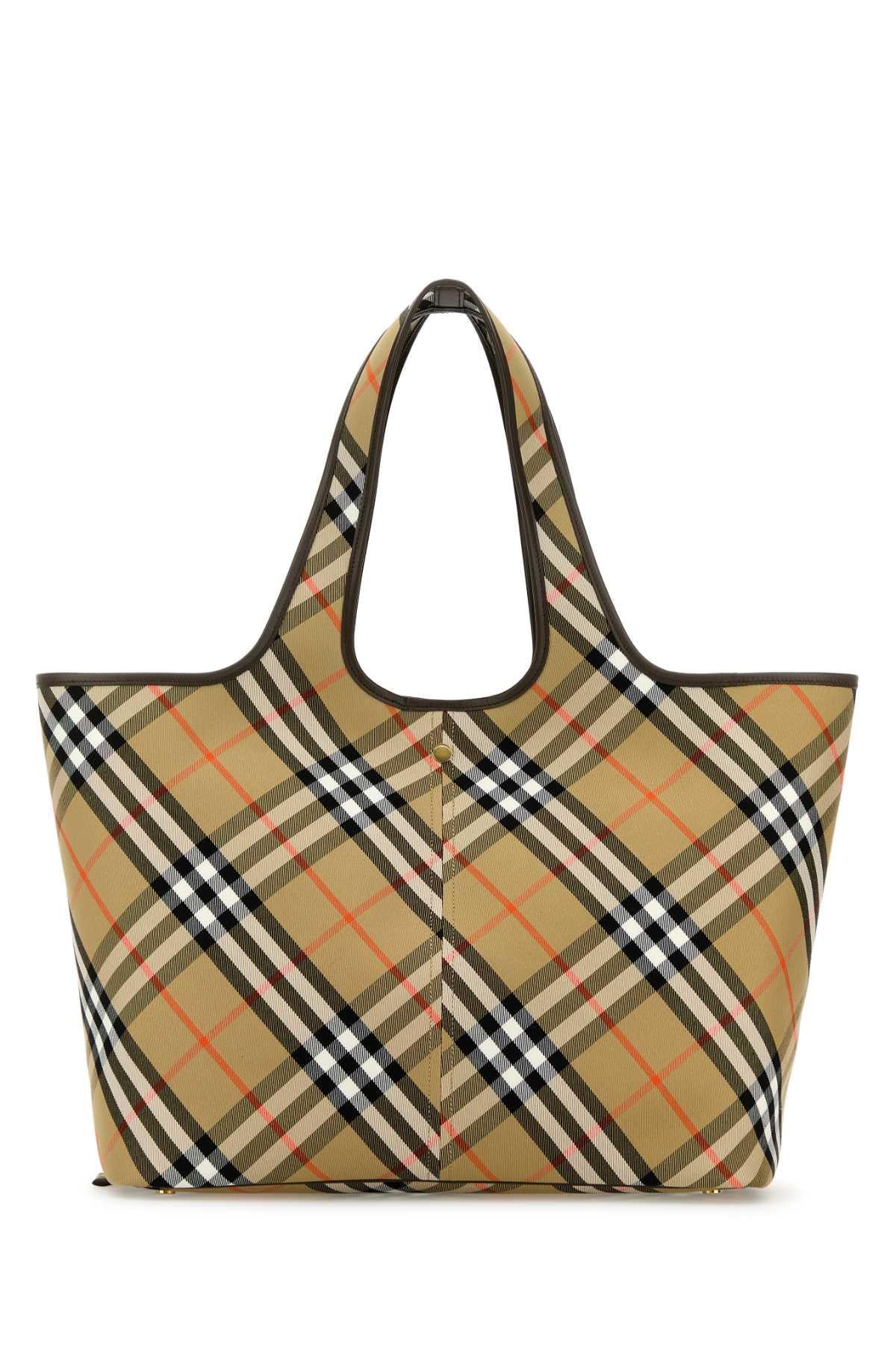 BURBERRY Leather Check Tote Bag Black Beige