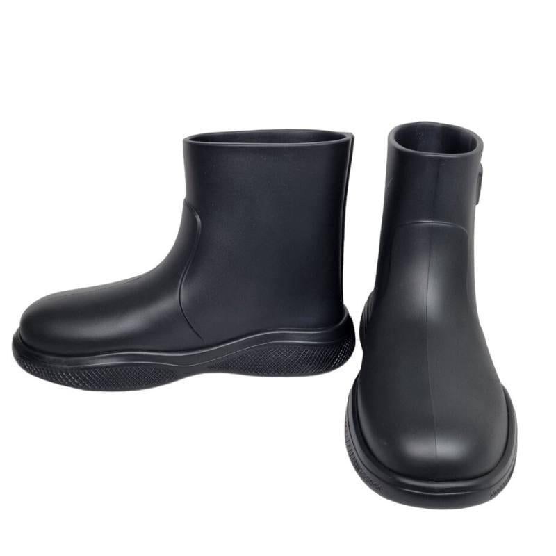 PRADA Black Rubber Ankle Rain Boots with Triangle Logo