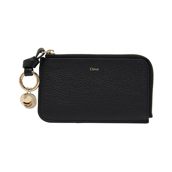 Chloe Logo Charm Zip Pocket Card Holder Wallet Black Women