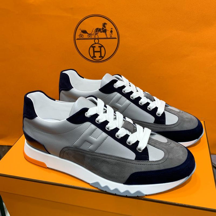 HERMES Men’s Trail Sneakers Navy Gray Calfskin Low Top