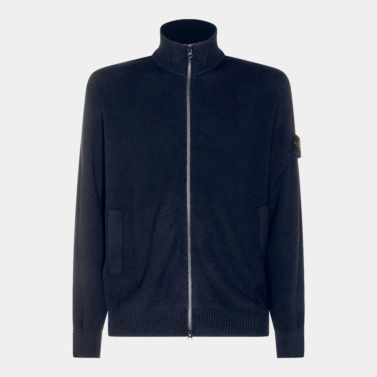 STONE ISLAND Black Wool Zip-Up Knit Sweater