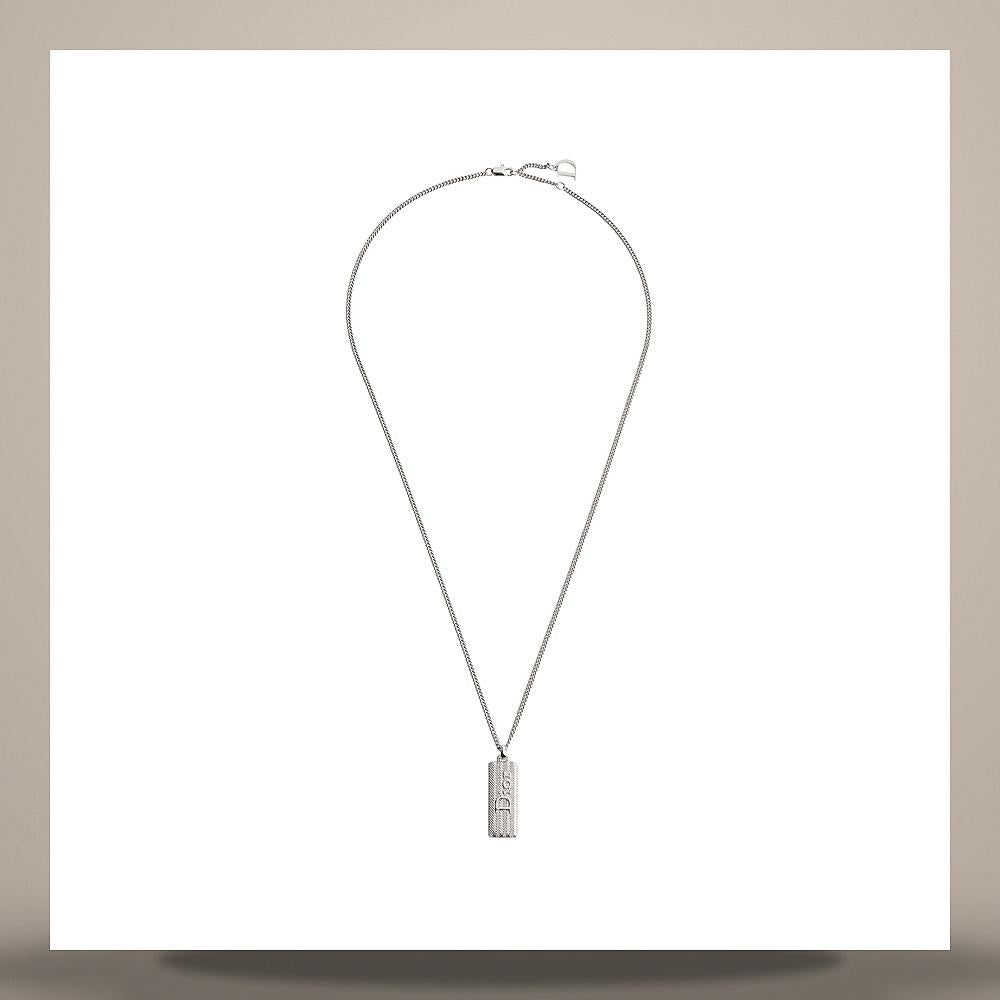 DIOR Guilloche Plate Pendant Necklace Silver-Tone Brass