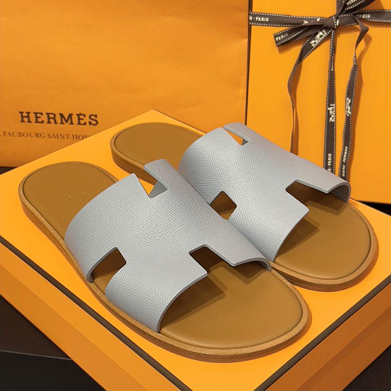 HERMES Izmir Calfskin Sky Blue Brown Two-Tone Men's Sandals