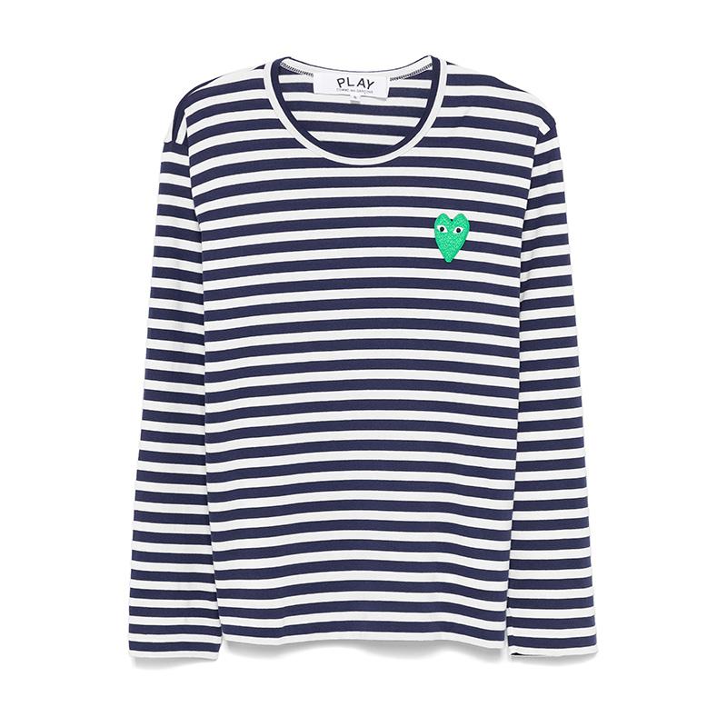 Comme des Garcons Green Heart Stripe Long Sleeve T-Shirt Navy AZ T052 051 1