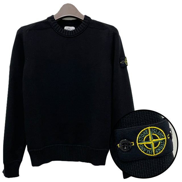 STONE ISLAND Kids Cotton Woven Patch Crewneck Knit Sweater Black