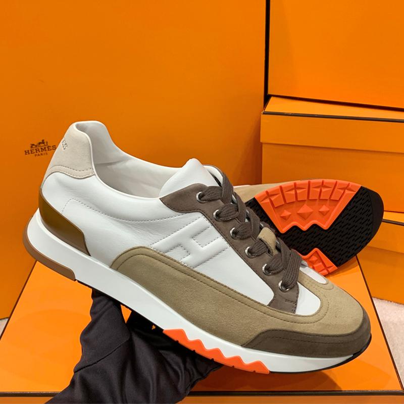 HERMES Men’s Calfskin Trail Sneakers White Beige Low-Top