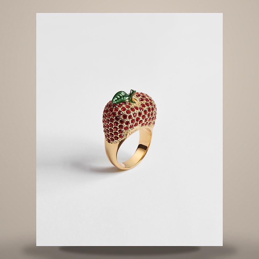 DIOR Gold-Tone Metal Ring Red Crystal Green Lacquer Sparkling Fr R2827WOMCY D20R