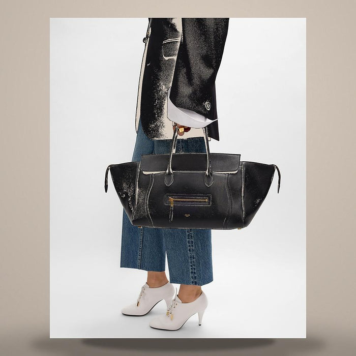 CELINE Glossy Calfskin Black Flat Luggage Tote Bag