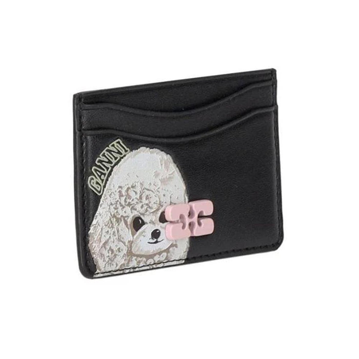 GANNI Black Poodle Print Leather Card Holder A6769 099