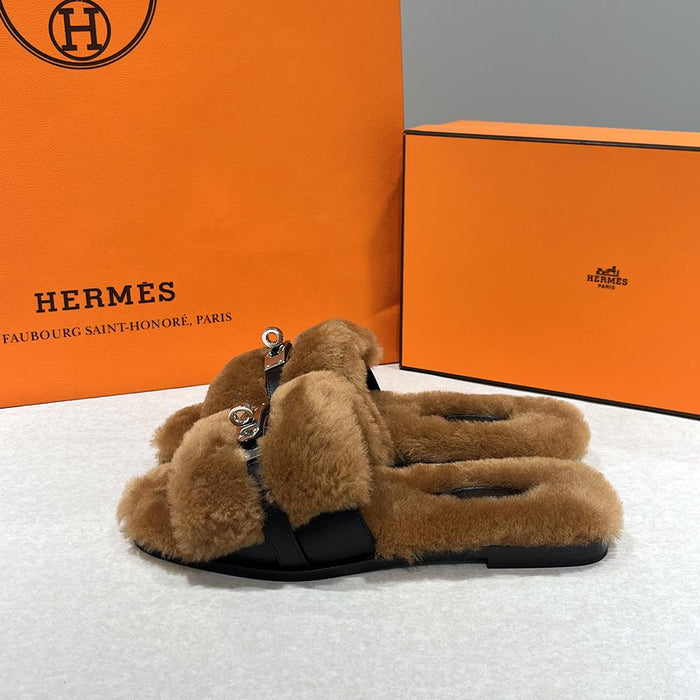 HERMES Shearling Calfskin Julia Sandals Brown Black Silver-tone