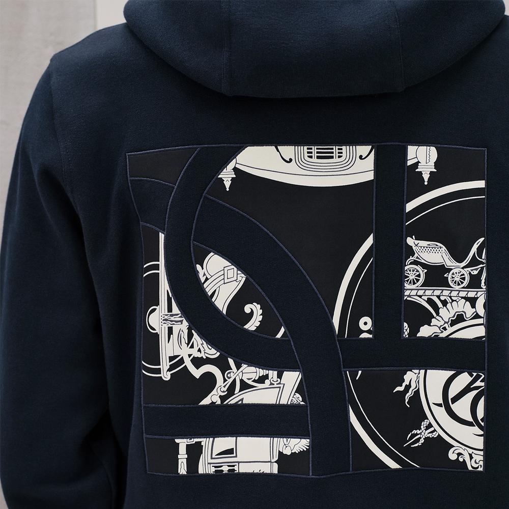 HERMES Ex Libris Silk Detail Zip-Up Hoodie Marine Navy Men’s